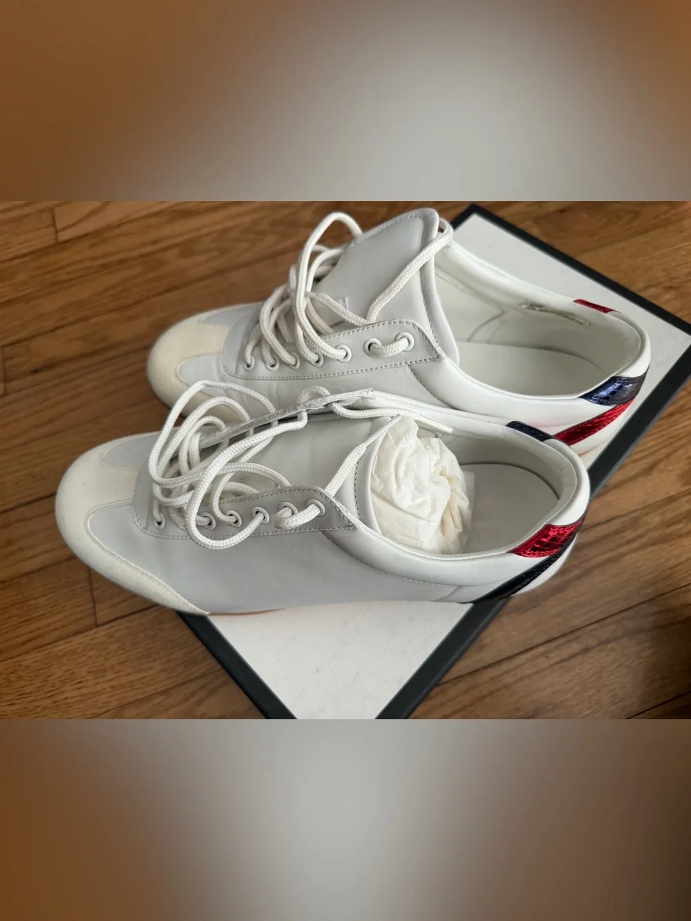 Gucci White Leather Sneakers with Navy and Red Accents